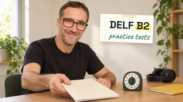Yann at a desk sliding a blank practice booklet toward the reader, next to a green kitchen timer, under a note on the wall that reads "DELF B2 practice tests"
