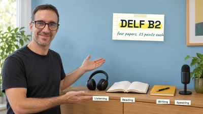 Yann presenting a shelf with headphones, an open book, a notebook and a microphone labelled Listening, Reading, Writing and Speaking, under a note that reads "DELF B2, four papers, 25 points each"