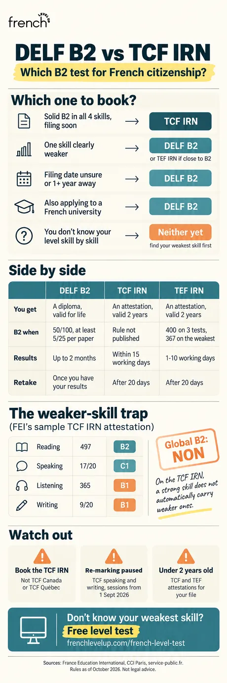 Infographic: DELF vs TCF for French citizenship, with which B2 test to book, the three tests compared and the weak-skill trap