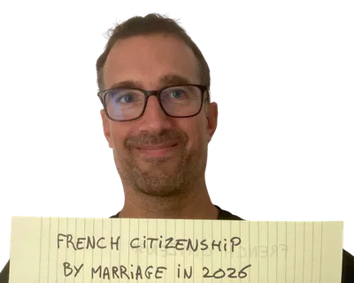 Yann smiling above a yellow notepad sheet that reads "French citizenship by marriage in 2026"