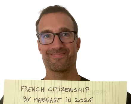 Yann smiling above a yellow notepad sheet that reads "French citizenship by marriage in 2026"