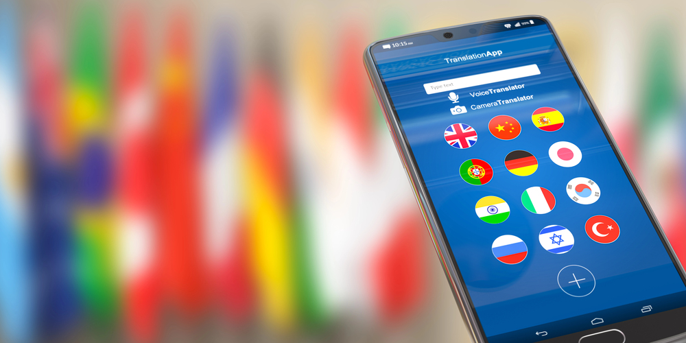 Illustration of a smartphone screen displaying various French translation apps like Google Translate, DeepL, and Reverso, with icons for text, voice, and camera translation features.